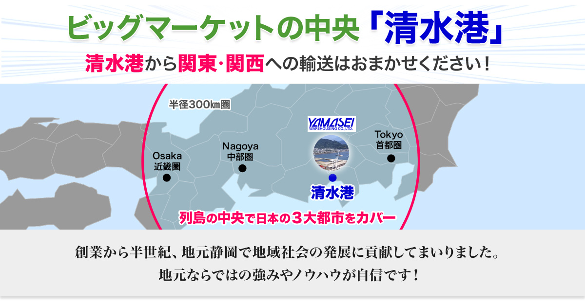 清水港を起点に関東・関西へ中継輸送する物流ルート図